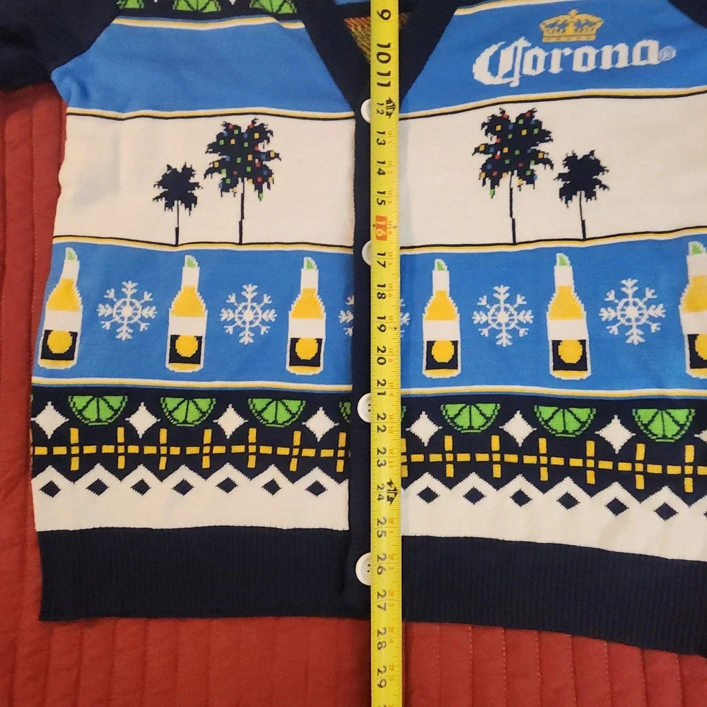 Corona Extra Feliz Navidad Ugly Christmas Sweater Cardigan Mens Large Blue White
